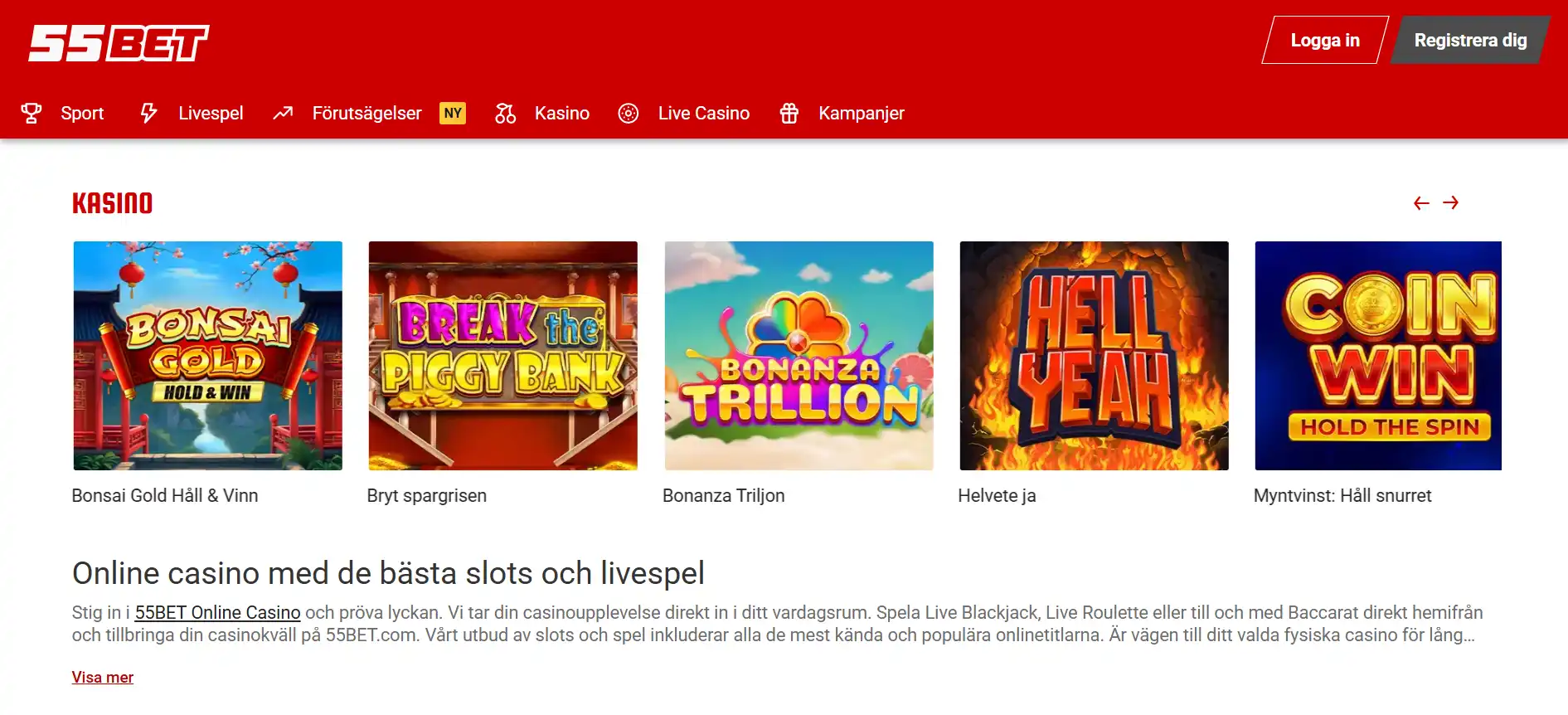 55BETs offentliga startsida i en webbläsare