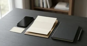 Mobiltelefon bredvid neutral legitimationsexempel, anteckningsblock och adresshandling på ett skrivbord