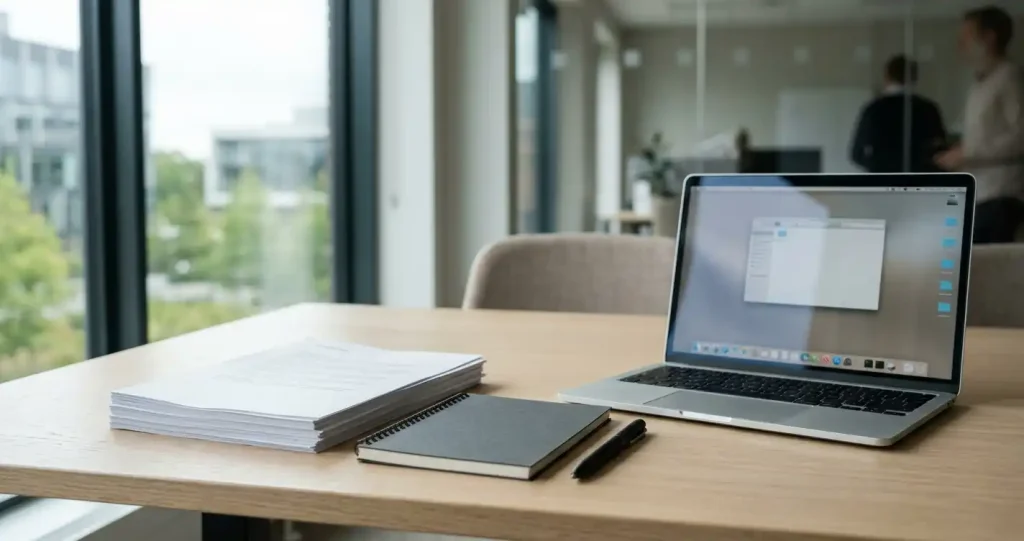 Öppet anteckningsblock, ordnade pappershandlingar och en laptop på ett ljust skrivbord