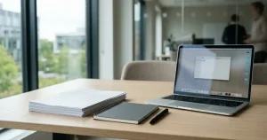 Öppet anteckningsblock, ordnade pappershandlingar och en laptop på ett ljust skrivbord